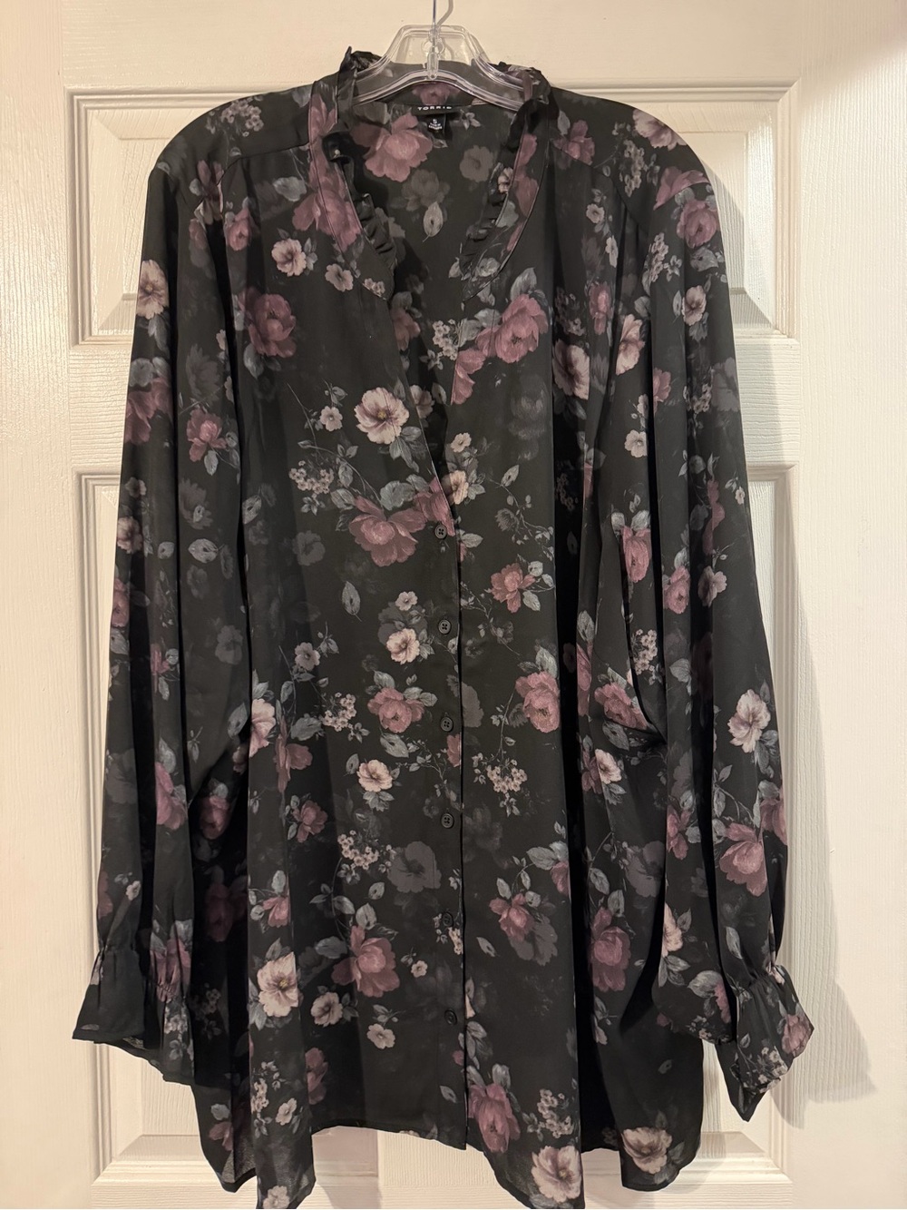 Torrid Black Floral Button-Up Blouse with Pink & Cream Flowers